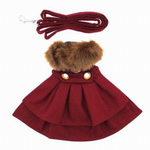 Burgundy Wool Faux Fur-Trimmed Dog Coat Harness NWT - Picture 3 of 5